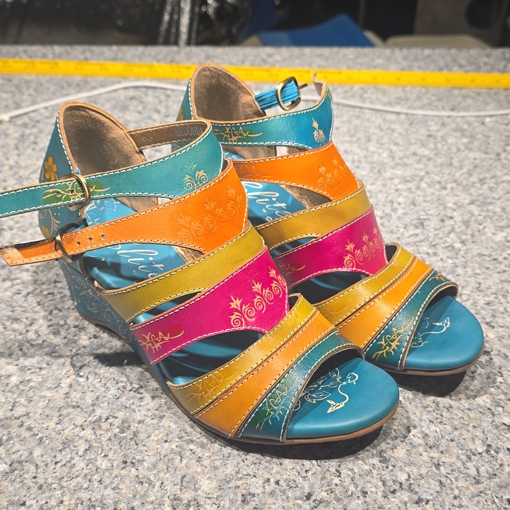Elite by Corkys strappy leather sandals,  Multicolor, 2.5 wedge. Size 7